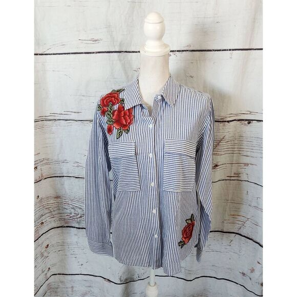 Rails Frances Banker Stripe with Floral Embroidery Patches Button Up Top Size Me - Picture 2 of 7